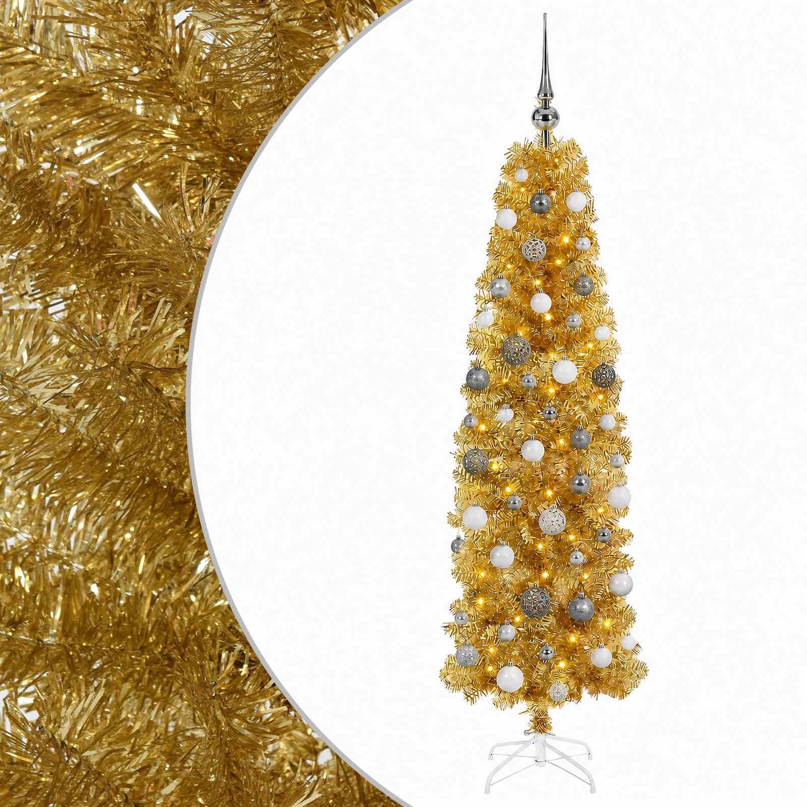 Kunstlik õhuke jõulupuu koos kaunistustega 210 cm 300 LED-i