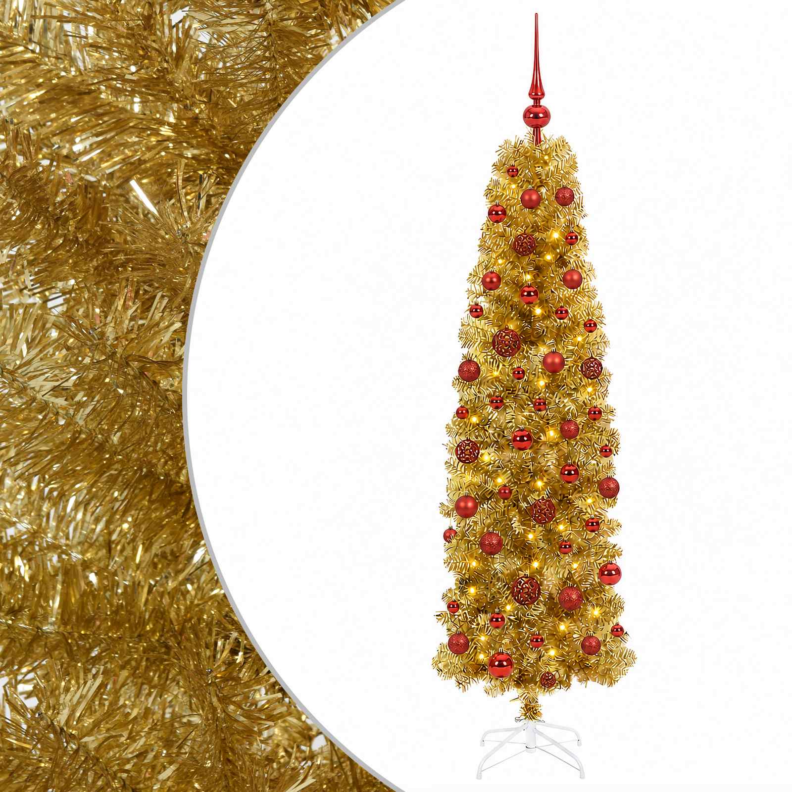 Kunstlik õhuke jõulupuu koos kaunistustega 210 cm 300 LED-i