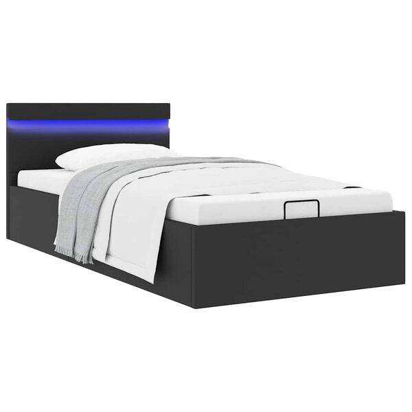 LED-valgustusega panipaigaga voodiraam, must, 90 × 200 cm, kunstnahk — mudel 285540