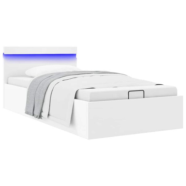 LED-valgustusega panipaigaga voodiraam, valge, 90 × 200 cm, kunstnahk — mudel 285546