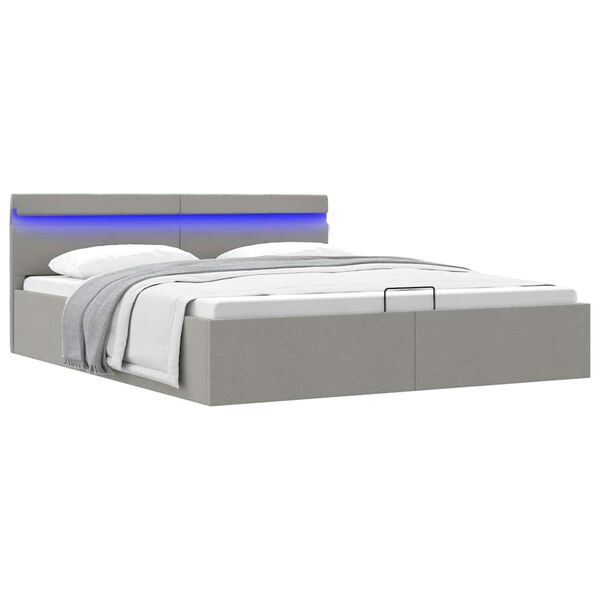 LED-valgustusega panipaigaga voodiraam, helehall, 160 × 200 cm, kangas — mudel 285610