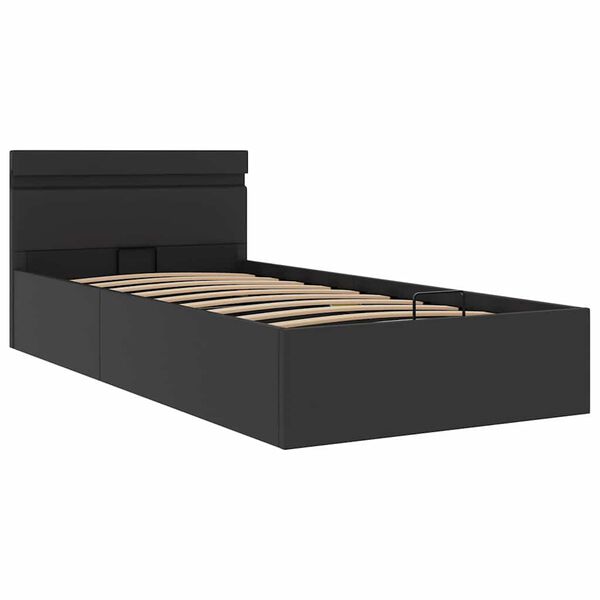 LED-valgustusega panipaigaga voodiraam, must, 90 × 200 cm, kunstnahk — mudel 285540