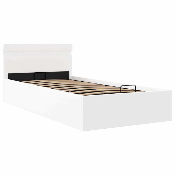 LED-valgustusega panipaigaga voodiraam, valge, 90 × 200 cm, kunstnahk — mudel 285546