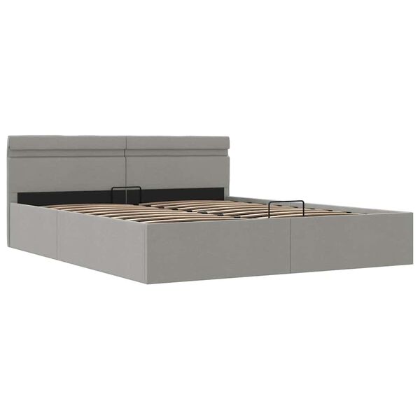 LED-valgustusega panipaigaga voodiraam, helehall, 160 × 200 cm, kangas — mudel 285610